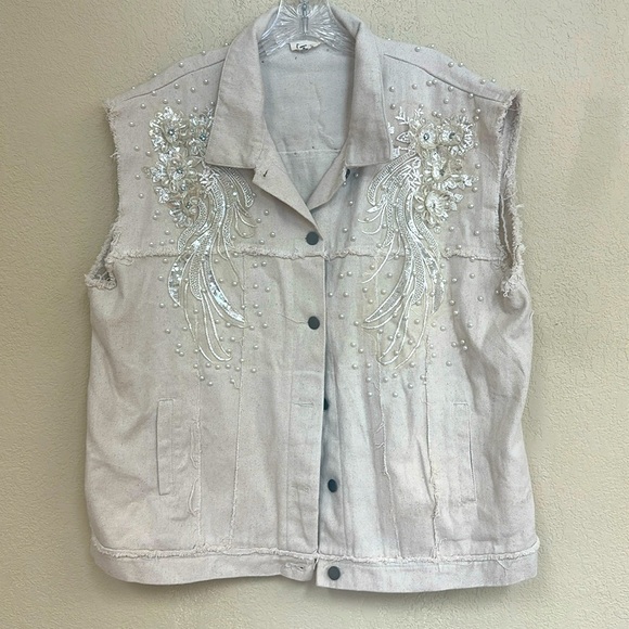 POL Jackets & Blazers - POL womans BOHO beaded & lace cream denim Vest size L